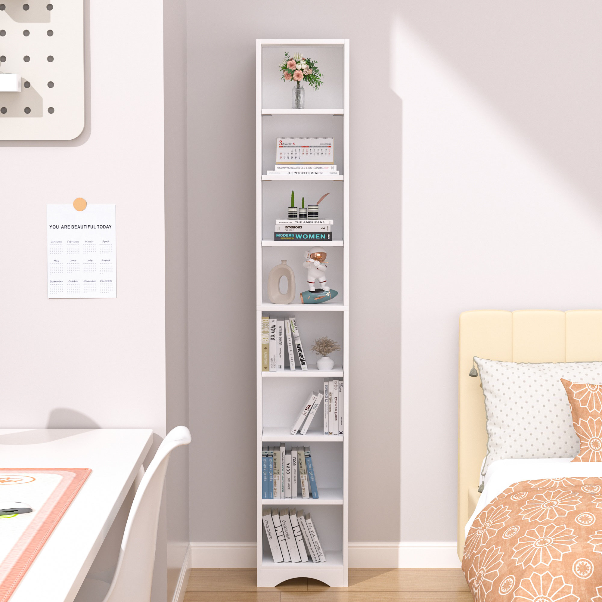 Ebern Designs Melgarejo 71 Inches Tall Narrow Bookcase 8 Tier Wood Bookshelf Minimalist Corner Bookcase With Adjustable Shelves Slim Media Tower